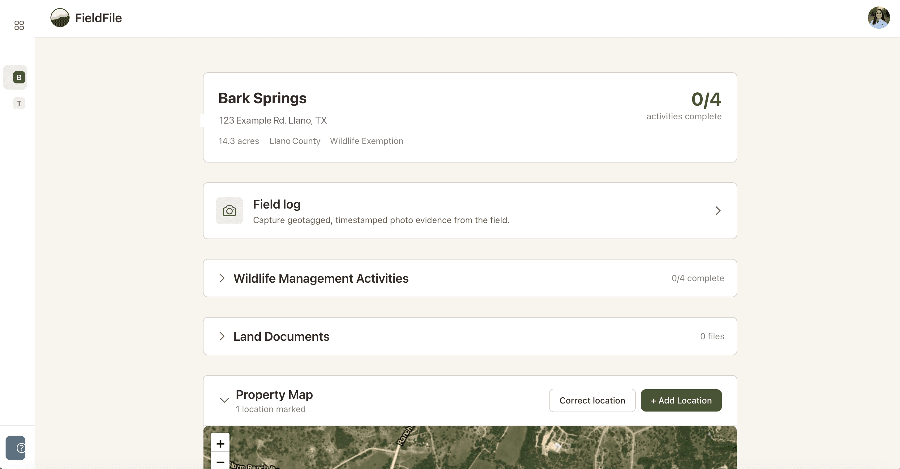 FieldFile property dashboard showing field log, wildlife management activities, land documents, and a property map
